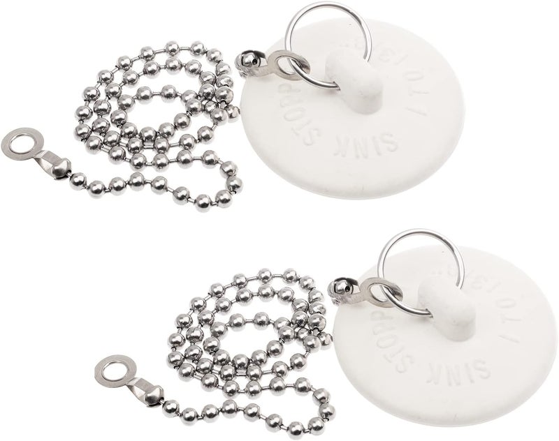 Opzour 2 Packs Tub Stopper, Rubber Bathtub Stoppers Drain Plug with 15" Stainless Steel Beaded Chain, Premium Bathroom Plug Fit for 1" to 1-3/8" Kitchen Sink, Bathroom Bath tub, Drain Stopper, White - Image 1